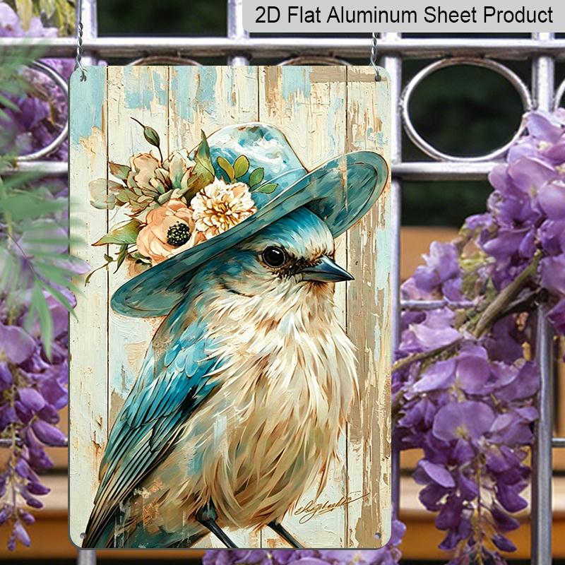 2D Flat - 1pc Vintage Blue Bird with Floral Hat Aluminum Sign - Shabby Chic Wall Decor, Farmhouse Kitchen & Dining Room Wall, Shabby Chic Living Room