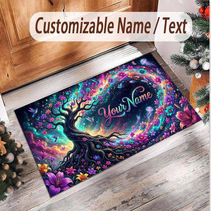 Rose Floral Theme Soft Crystal Velvet Rug Custom Name & Text Print Non Slip Floor Rug for Bedroom Living Room