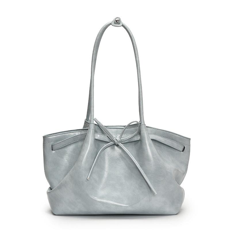 Color Solid Simple Bow Decoration Pleated Design Women Casual Shoulder Bag Tote