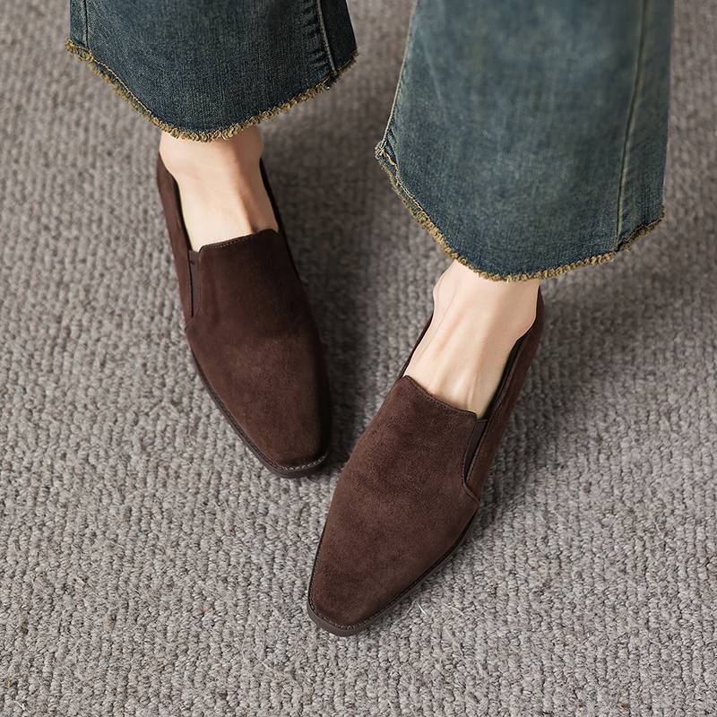 Krazing Pot Sheep Suede Round Toe Med Heels Summer Shoes Solid Big Size 42 Slip on Women Oxford Shoes Shallow Pumps
