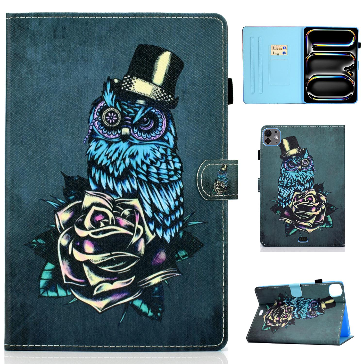 

Для iPad Про 11 (2024) Чехол ПУ Кожа+ТПУ Защитная Обложка для Планшета С Принтом Полная Защита Rose Owl