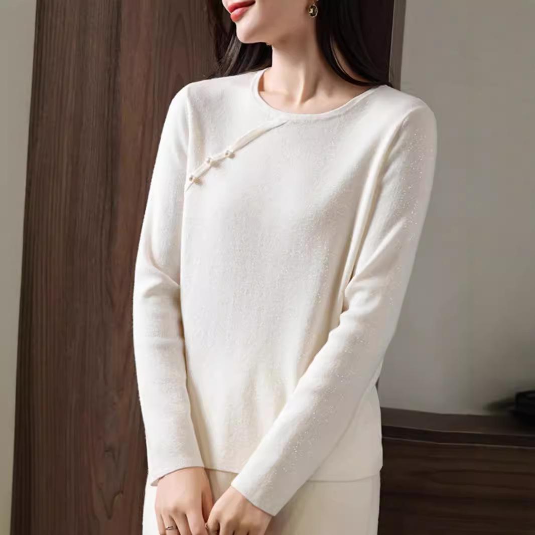 

Women s Shiny Silk Merino Wool Knit Sweater - Chinese Style, Long Sleeve, Loose Fit 2XL for 135-150 lbs білий