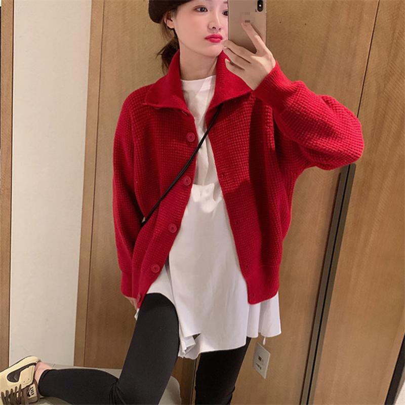 Cardigan Sweater Female Waffle Turtleneck Knitted Women Loose Casual Sweater Single-breasted Sweater Cardigan Coat