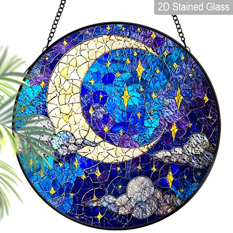 

2D Flat Stained Glass Moon and Stars Night Sky Window Decoration Colored Glass Plate, 7.87inches Deep Blue Starry Sky Design Hanging Sun Catcher 7.87inch
