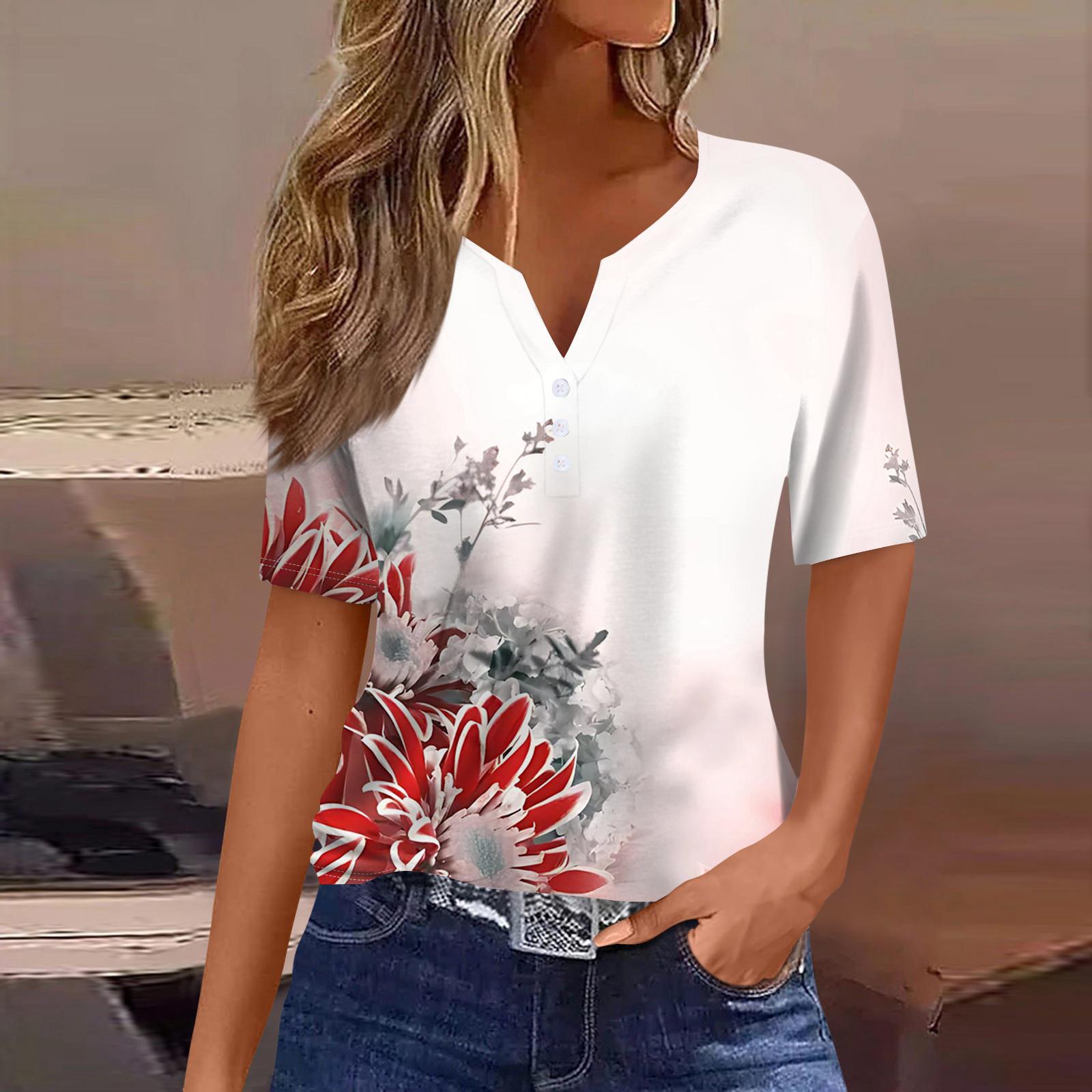 

Женская повседневная футболка с v-образным вырезом и коротким рукавом с цветочным принтом и декоративными пуговицами, топ S