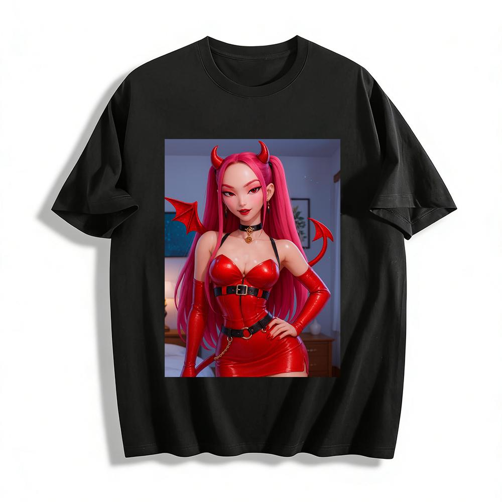 

Halloween Limited Succubus Print Top Sexy Demon Element Slim Fit Top For Daily Party Wear Pure cotton T-shirt XXS