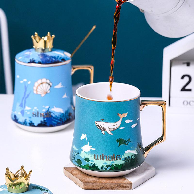 350ML Personalized Mermaid Couple Mug With Lid And Spoon Creative Ceramic Crown Cup Gift For Mens and Womens