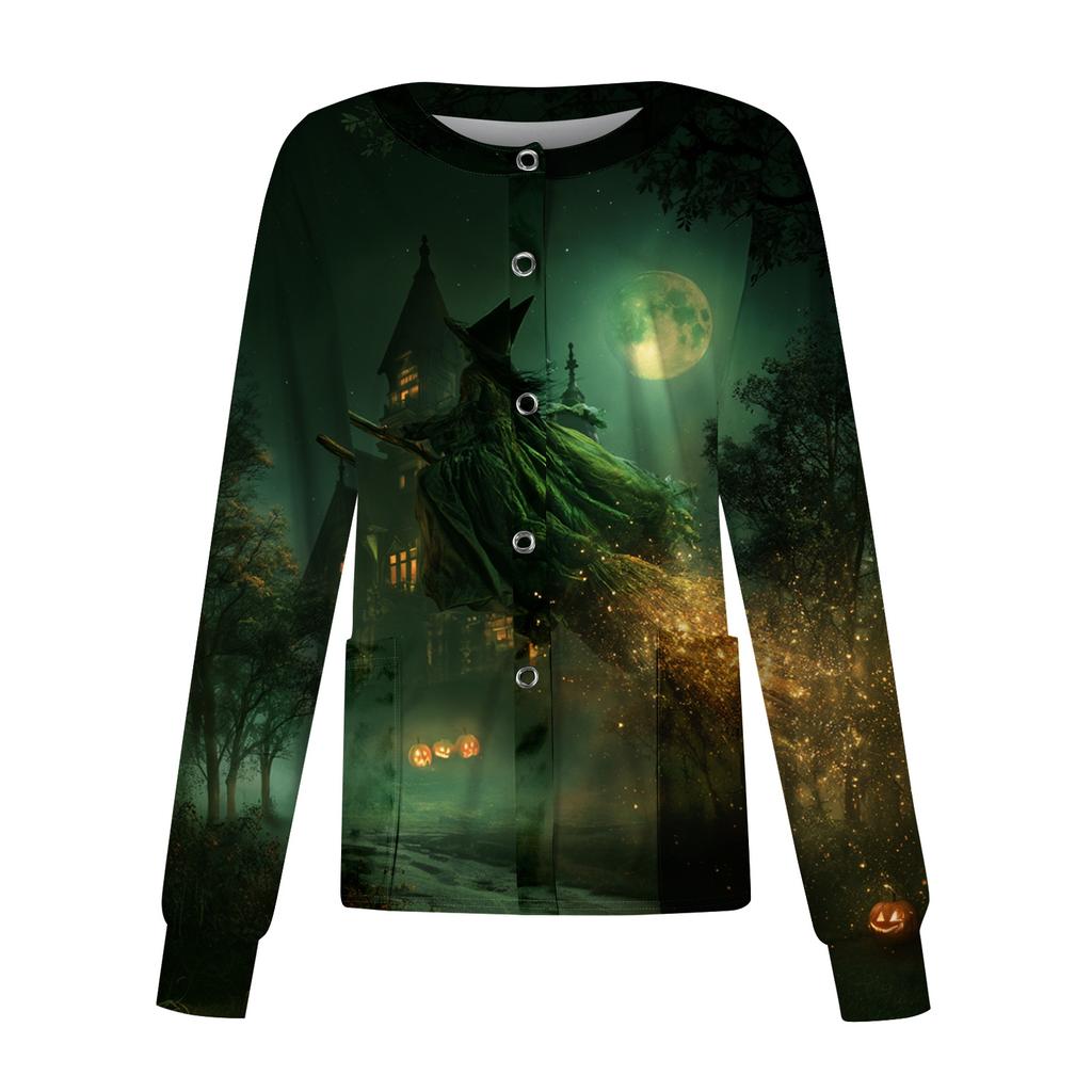 Women's Long Sleeve Halloween Print Button Front Scrub Top for Uniform
