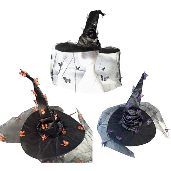 Witch Hat Mesh Yarn Cover Butterflies Design Women Cosplay Hat