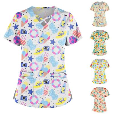 Plus Size Cute Printed Scrub Working Uniform Tops For Women  Cross V-Neck Short Sleeve Fun T-Shirts Workwear Tee with Double Pockets