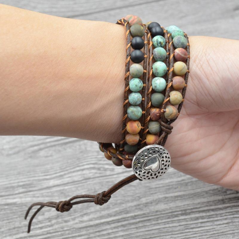 Milangirl Bohemia Jewelry Bracelets 6MM Matte Stone Wrap Leather Bracelets Vintage 3 Strands Multilayer Woven