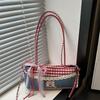 Street Style Small Crossbody Bag With Denim Red Plaid Pattern For Daily Use