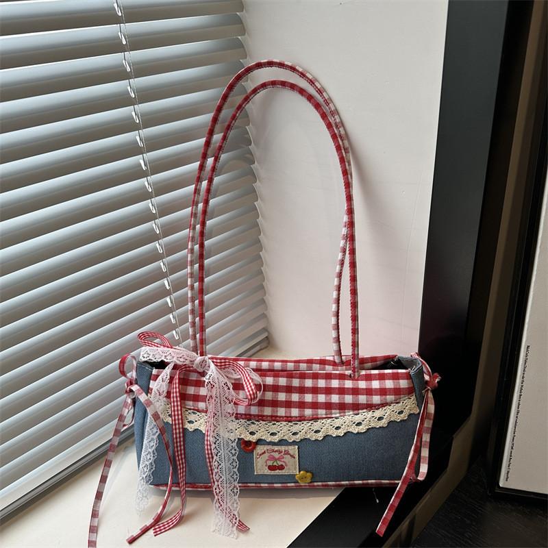 Street Style Small Crossbody Bag With Denim Red Plaid Pattern For Daily Use
