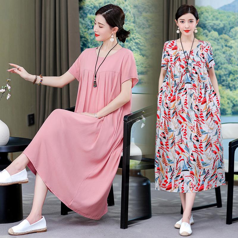 Plus Size Korean Style Summer Floral Cotton Silk Dress - Slimming Design for 240 Jin
