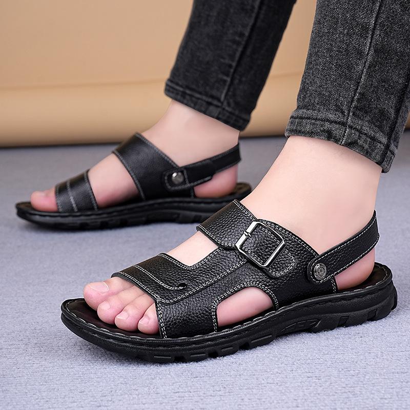 Solid Color Buckle Designer Leather Sandals for Men Summer New Fashion Beach Shoes Male Dual-use Anti-slip Slipper Shoes Man