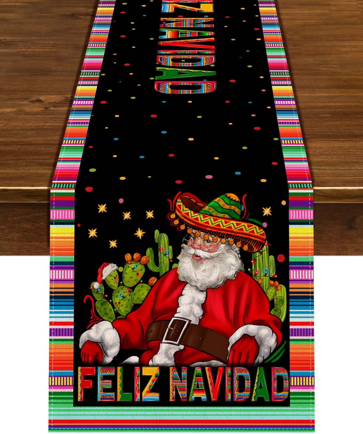 Chemin de table en lin de Noël mexicain Feliz Navidad Écharpe de commode Décor Cactus Père Noël Chemin de table Décor de table de fête 150x33cm