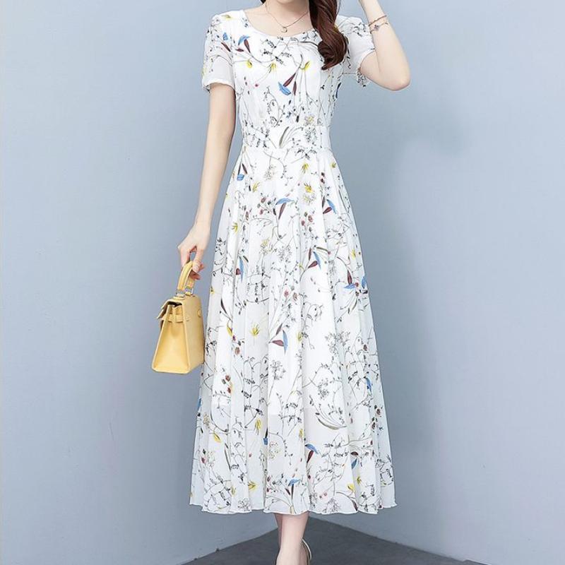 White Floral Chiffon Bodycon Office Lady Dress Summer Elegant Casual Prom Long Dresses 2025 Women Vintage Party Evening Dress