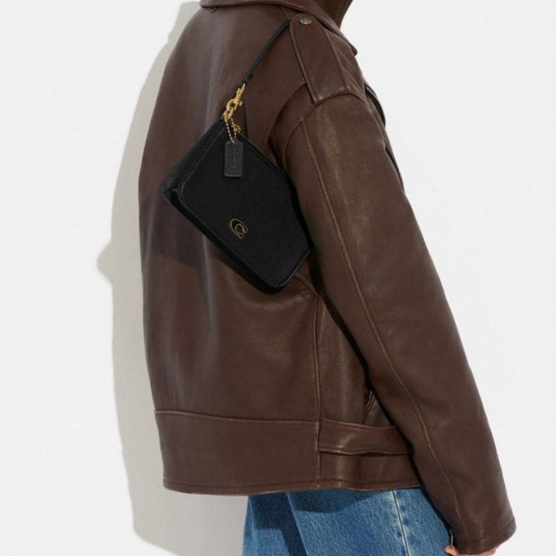 New COACH Pouch Cross Grain Leather With Canvas Clutch Handbag, Shoulder Bag Trumpets Women's Black CJ797-BLK