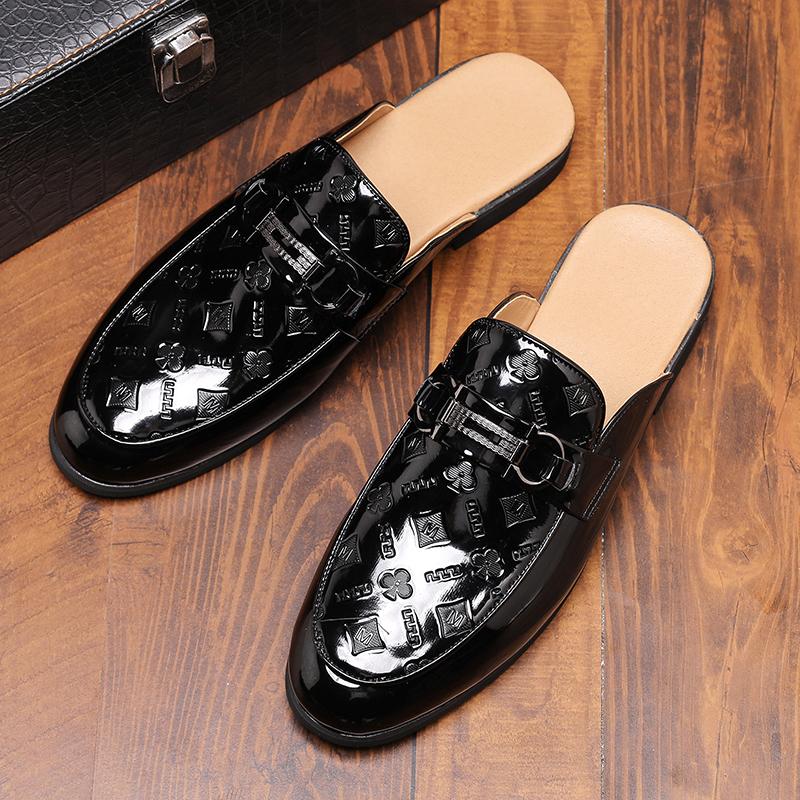 Designer Patent Leather Mens Mules Half Shoes Men Dress Causal Shoes Slides Sandals Black Slippers Breathable Flat Shoes for Men