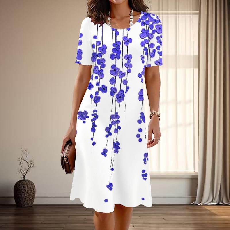 

Женская мода изящный красивый цветочный принт лето весна короткий рукав О-образный вырез повседневные платья XL фиолетовый