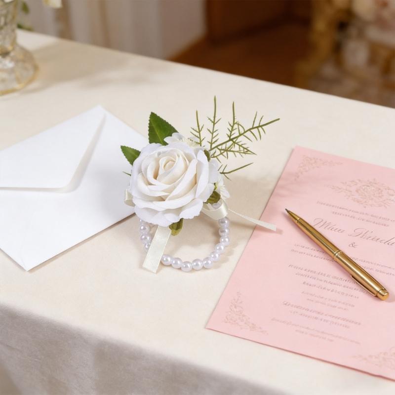 Wedding Boutonniere Wristlet Pearls With Artificial Floral Design For Bridesmaids Grooms Formal Outfit