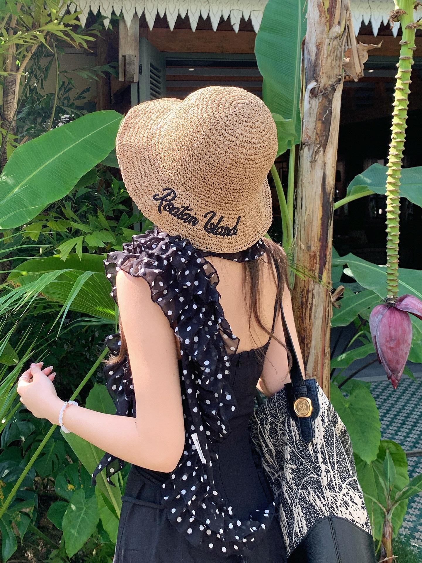 Letter Embroidery Woven Straw Hat Women S Spring And Summer Seaside Sun Hat Niche Versatile Face Small Bucket Hat M(56-58cm) хаки