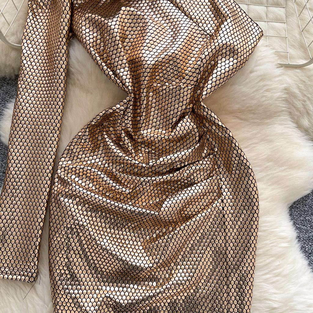 Léto Podzim Dámské Luxusní 3D Květinové Bronzové Sexy Večerní Párty Mini Krátké Pouzdrové Šaty na Jedno Rameno