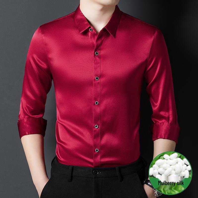 Premium Mulberry Silk Long-Sleeve Men's Shirt - Non-Iron, Solid Color, Business Casual for Autumn and Spring