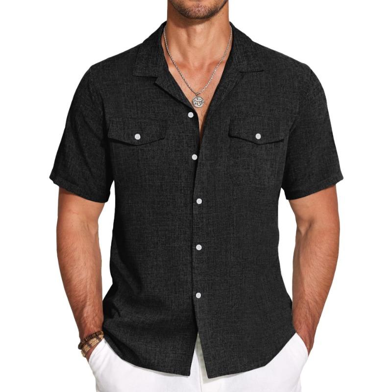Men Cuban Collar Dual Chest Pocket Solid Short Sleeve Casual Button Up Shirt S чёрный