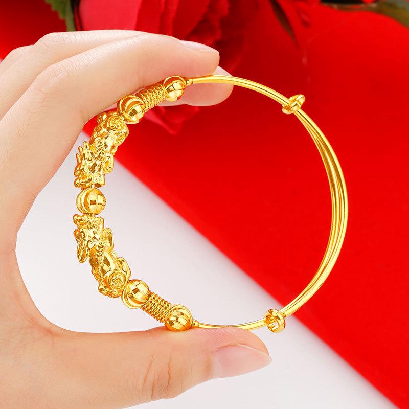 Elegant Chinese Style Electroplated Double Pixiu Bracelet - Women's Classic Luck-Turning Push-Pull Jewelry