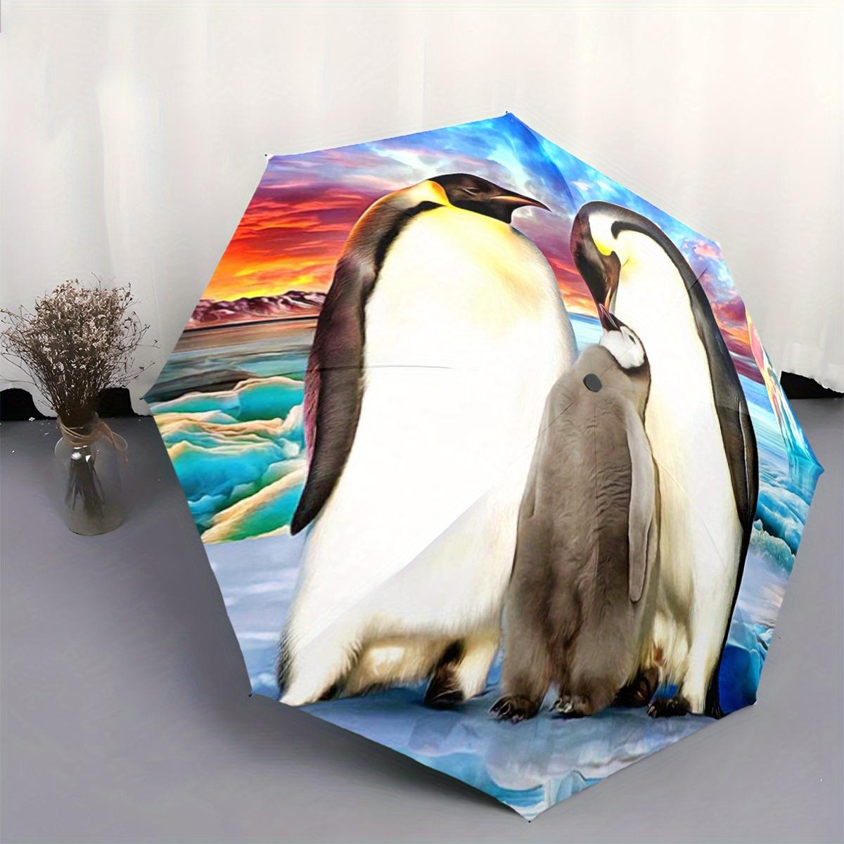 

1pc Automatic Folding Umbrella with Antarctic Penguin & Sunset Ocean Print, 8-Rib Portable Design, Durable Plastic & Iron Fram (as the picture,Iron&8K)