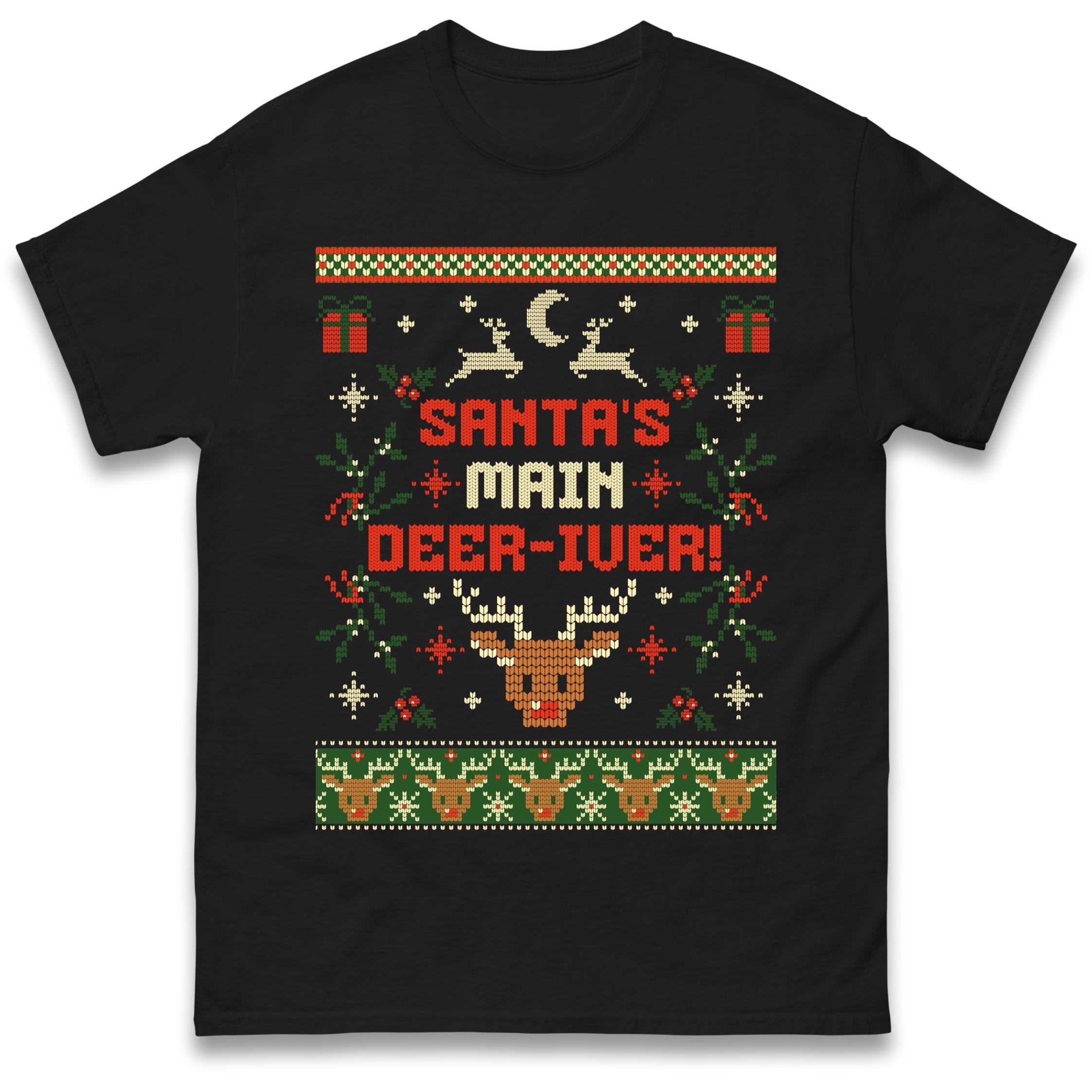 Santas Main Deer-iver Christmas T-Shirt Tshirt Mens Womens Tops Unisex Tees 100% Cotton S