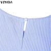 VONDA Women Turn Down Collar 3/4 Sleeve Striped Ruffled Casual Loose Blouse