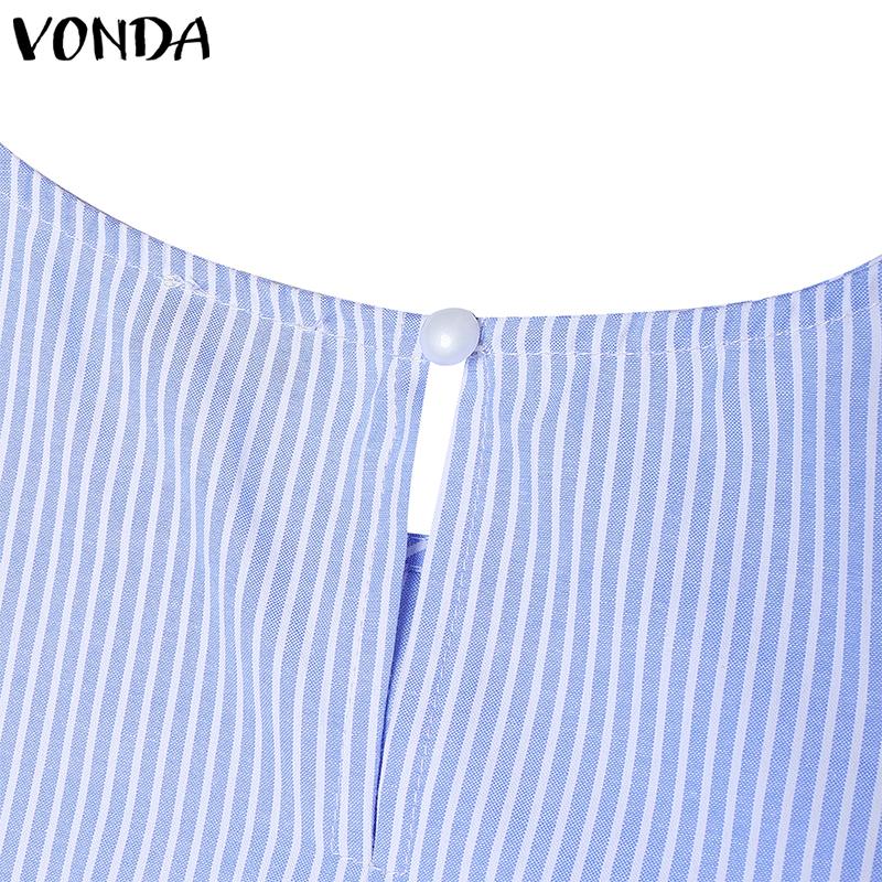 VONDA Women Turn Down Collar 3/4 Sleeve Striped Ruffled Casual Loose Blouse