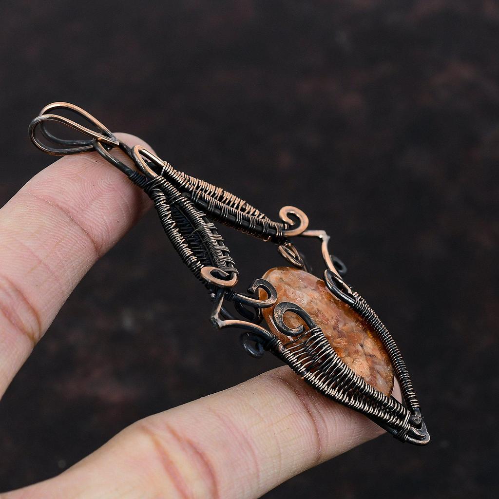 Sonnenstein Edelstein Anhänger Kupferdraht umwickelter Anhänger Sonnenstein Schmuck Handgefertigter Anhänger Kupferdraht Schmuck Jubiläumsgeschenk Stilvoller Anhänger