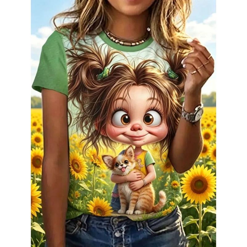 Summer Women's 3D Printed Crew Neck T-Shirt Fashion Versatile Trend Breathable Casual
