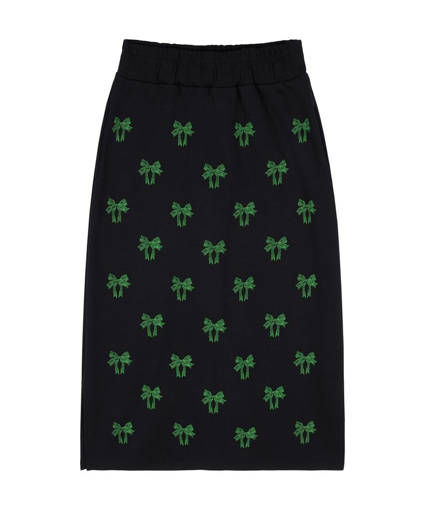 Metapeo Met Ribbon Print Elastic Waist Long Skirt Navy & Green