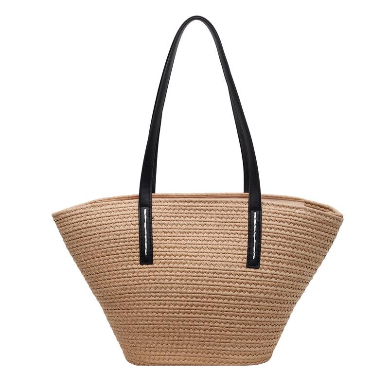 Borsa Tote in Paglia Intrecciata con Manici in Pelle Nera Grande Capacità Borsa da Spiaggia Estiva Borsa a Mano Casual da Donna per Uso Quotidiano