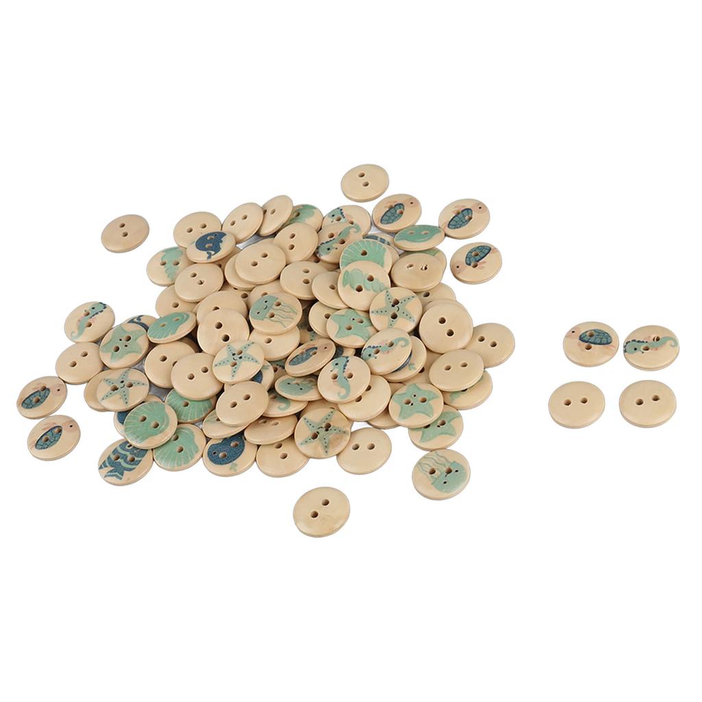 100pcs Mixed Printing Wooden Buttons 2 Holes Round Decorative Wooden Buttons for Sewing Craft