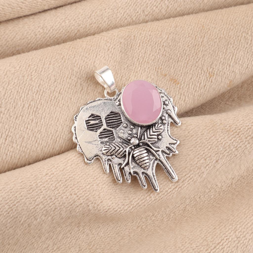 Rose Chalcedony Gemstone 925 Sterling Silver Jewelry Handmade Boho Pendant 1.49" CP-28-18