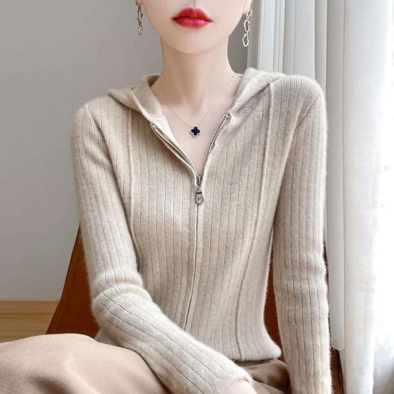 Women's Hooded Wool Cardigan Autumn and Winter New Fashionable Versatile Top Skin-friendly Comfortable and Warm Zipper Jacket