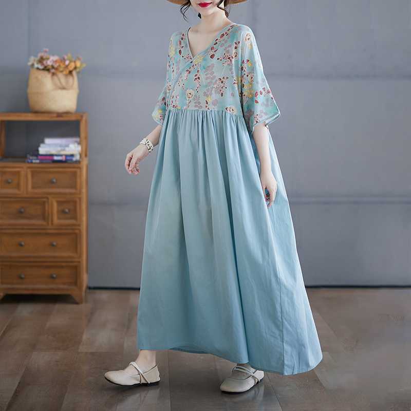 Cotton and Linen Summer Patchwork Retro Style Dress Long Skirt