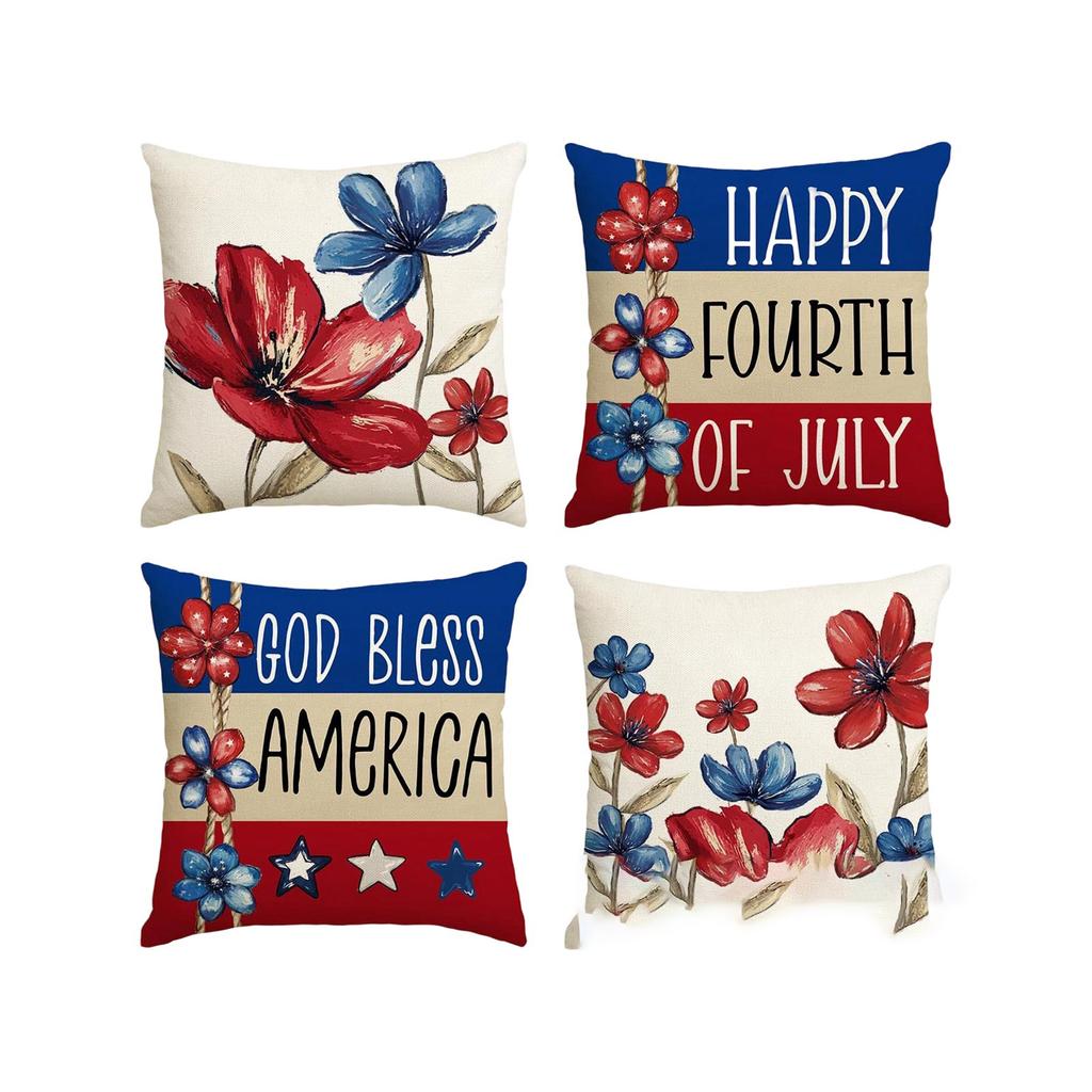 Set of 4 Decorative Throw Pillow Covers with Star and Stripe Print for Sofa Couch Bed Home Decor Holiday Theme 18x18 Inch Square Cushion Cases