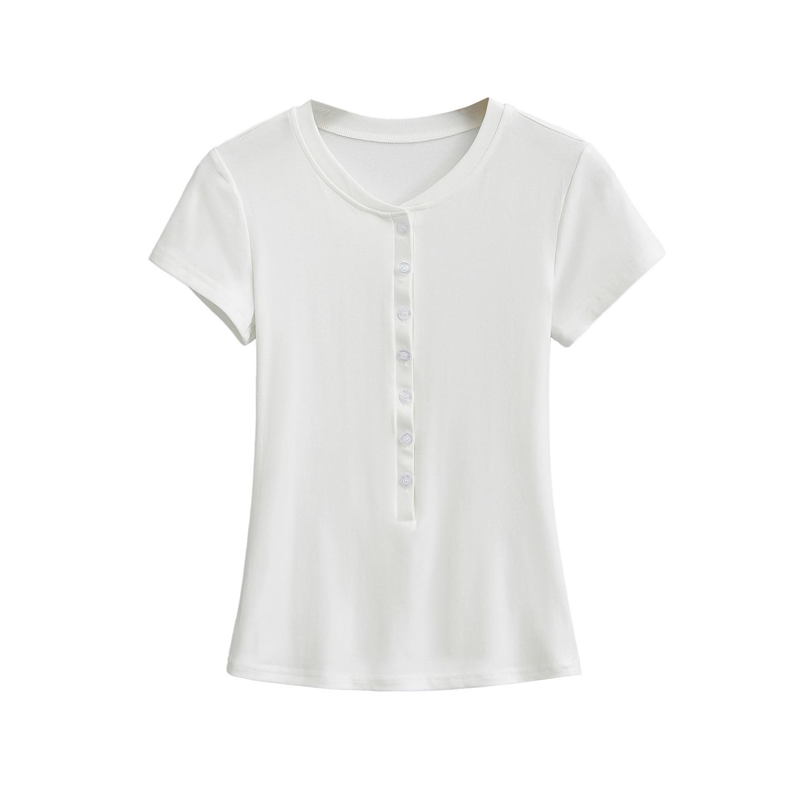 

2025 Женская летняя приталенная пикантная американская футболка: Полуоткрытый воротник, Короткий рукав, Эластичный, Однотонный Medium белый