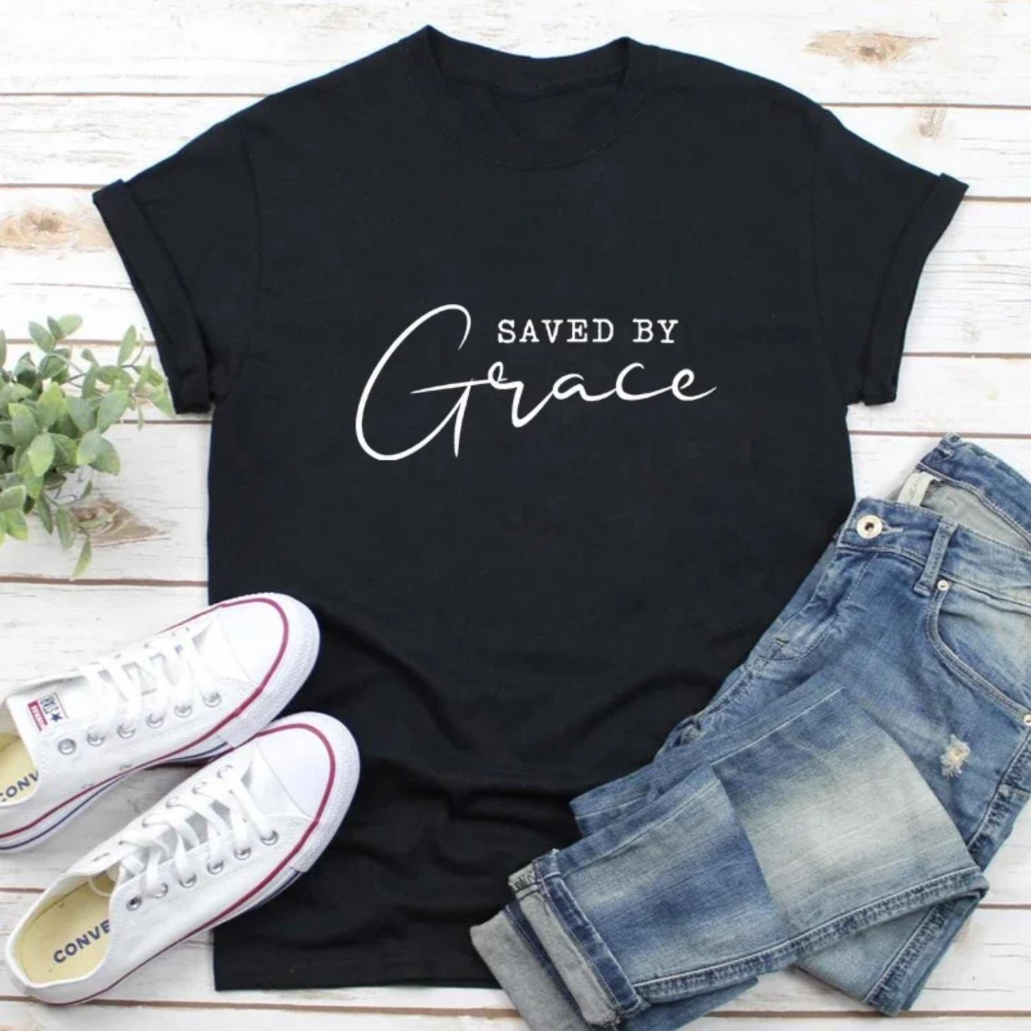 Saved By Grace T-shirt Women Religious Christian Bible Top Tee Shirt Casual Jesus Religion Faith Tshirt Camiseta S чёрный