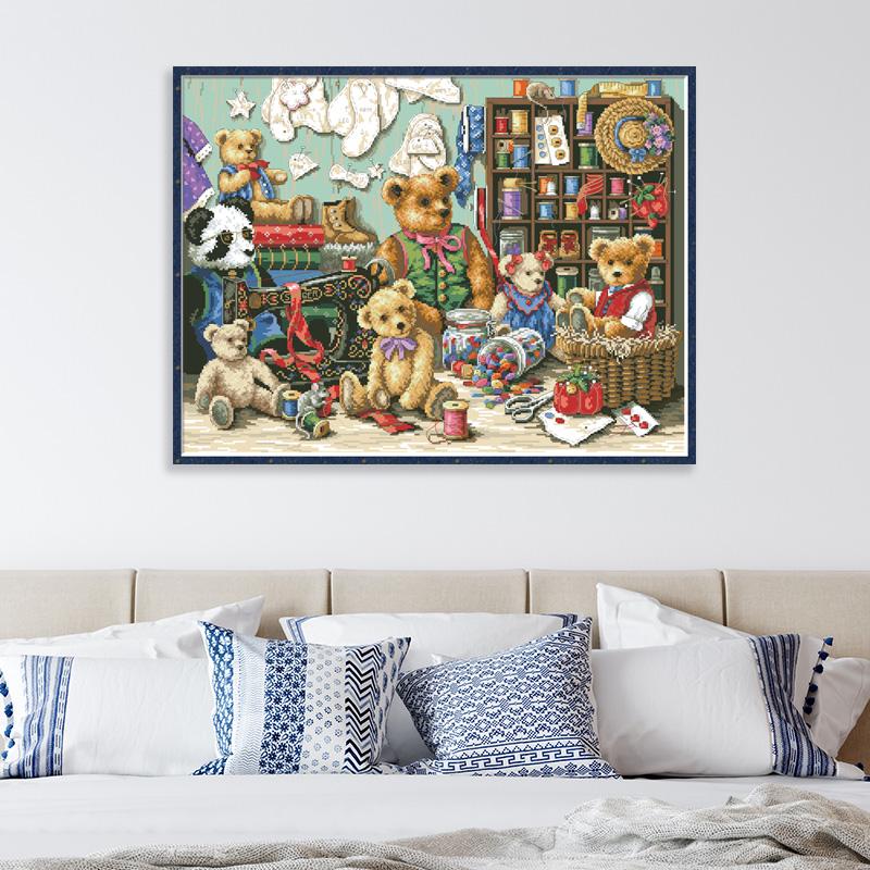 Bear Family Counted Cross Stitch Pattern Embroidery Kits Needlework Unprinted Canvas 11CT 14CT DIY Craft Set Home Decor Painting