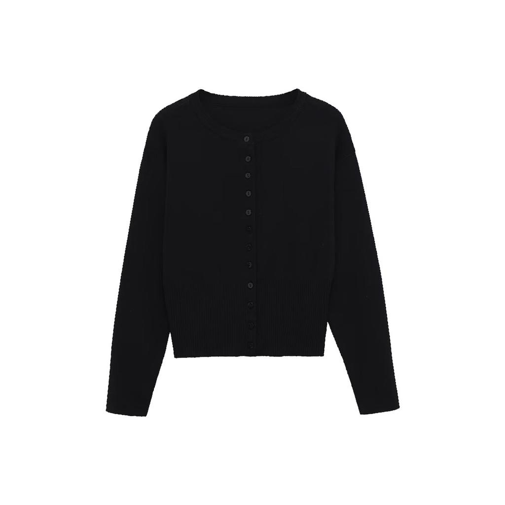 European and American Style, New Women's Fashion, Versatile, Simple Crew Neck Long-sleeve Button-up Flat Stitch Cardigan