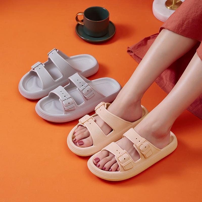 Double Buckle 4cm Thickness Ultra Cushioning Sandals Slippers Soft Slide Sandals Men Non-Slip Shower Shoes Bath Slippers Summer Beach Slides