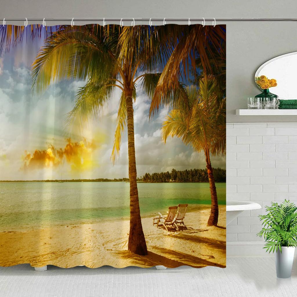 Hawaii Landscape Outdoor Shower Curtain Island Beach Coconut Tropical Ocean Natural Landscape Hanging Curtain Bathroom Decor Set