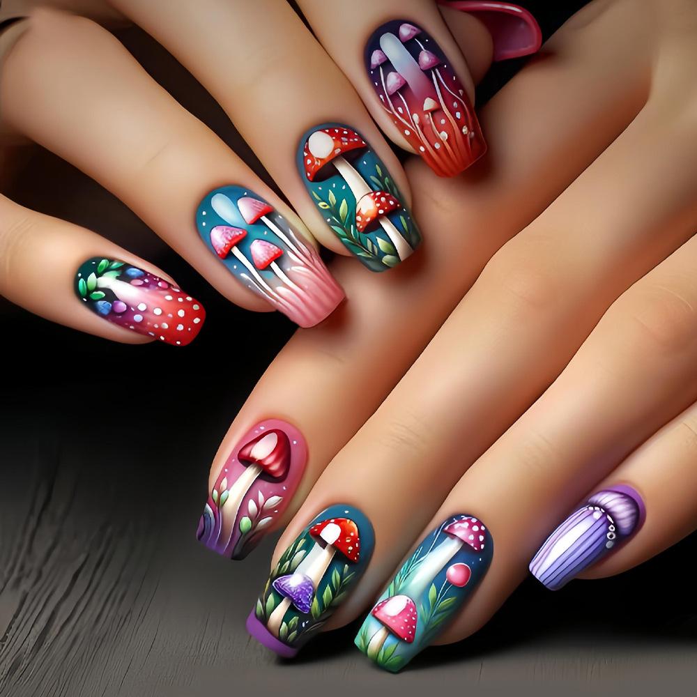 

Hot-selling Nail Fantasy Mushroom Fake Nail Spice Girl Color Magic Rainforest Red Umbrella Symphony Wearing Armor